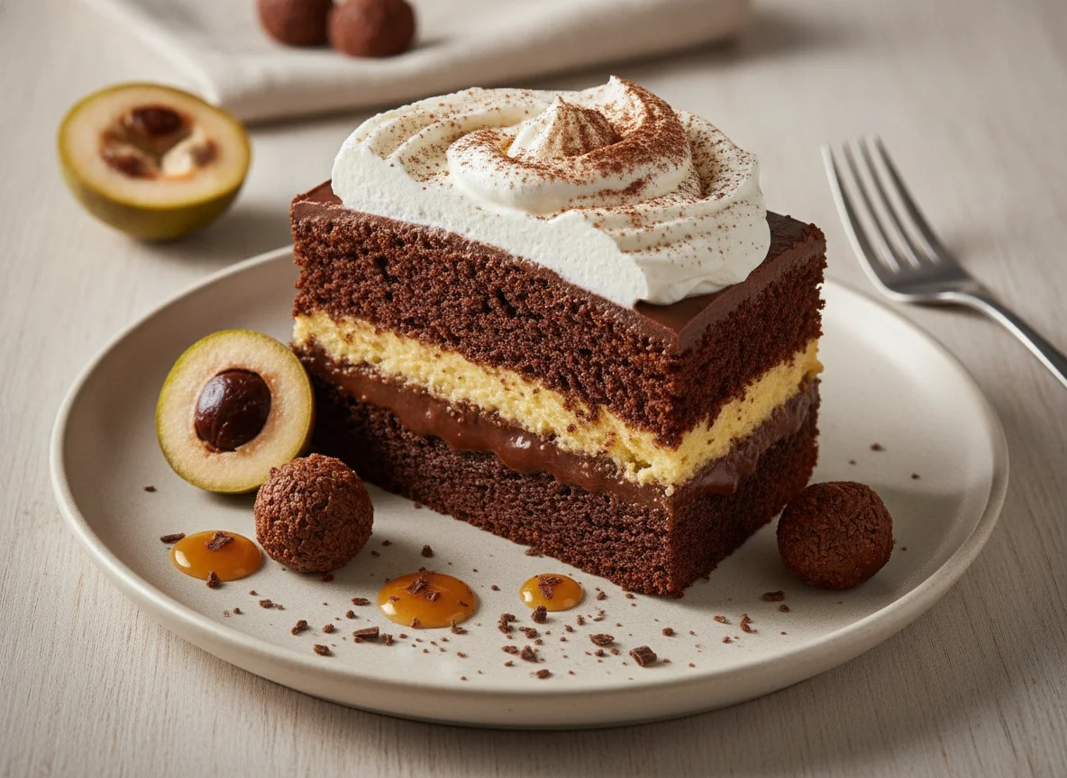 Bolo de chocolate com brigadeiro, cupuaçu e chantilly photo