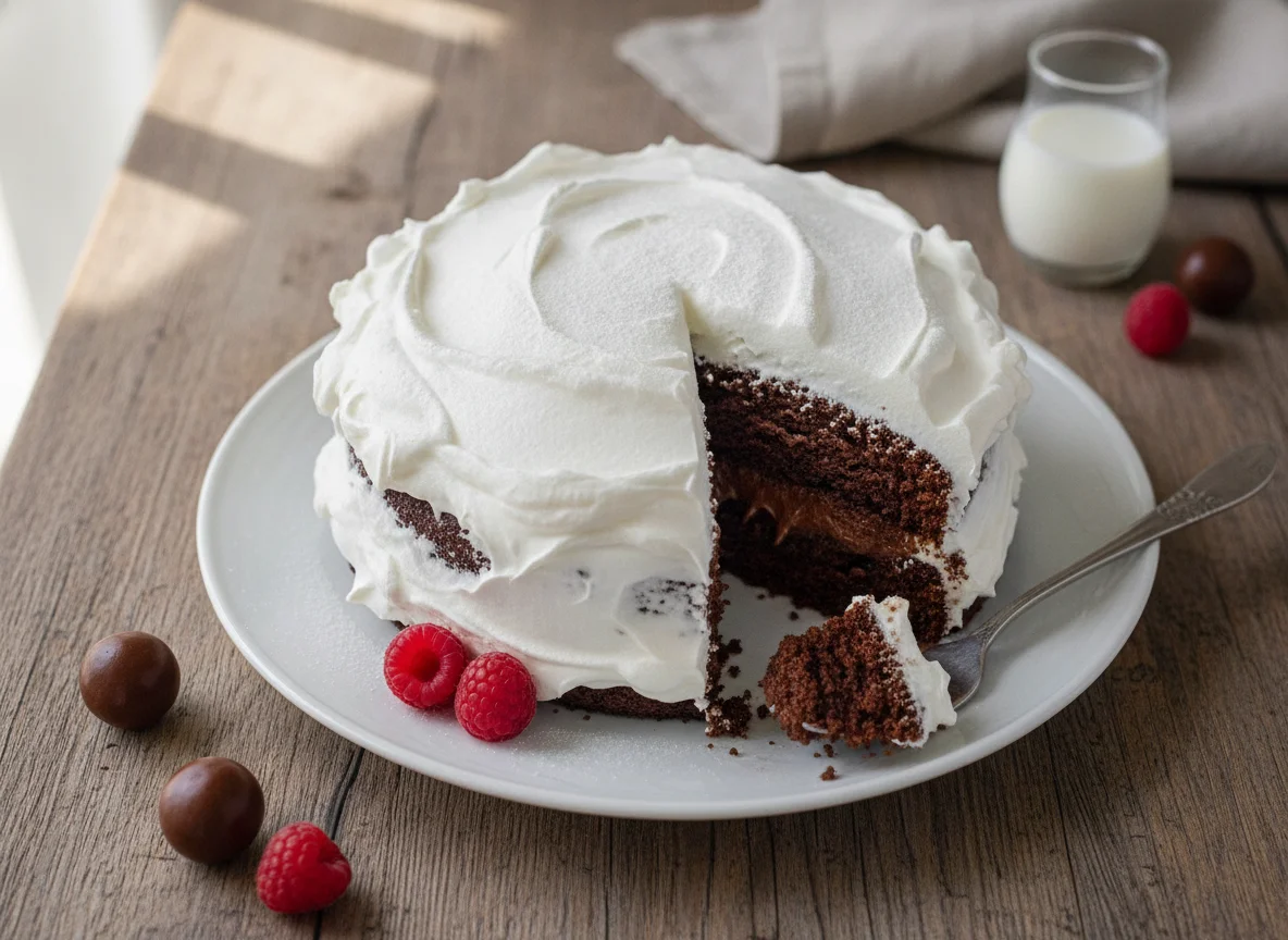Bolo de chocolate com cobertura de chantilly photo