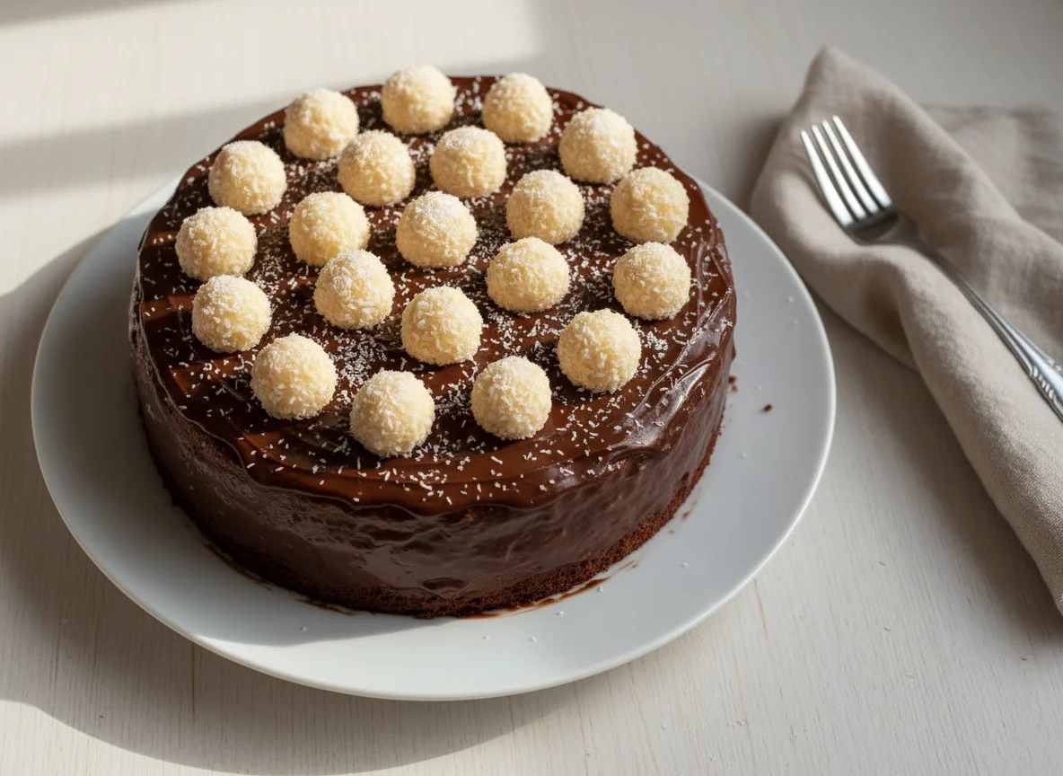 Bolo de chocolate com cobertura e beijinho photo