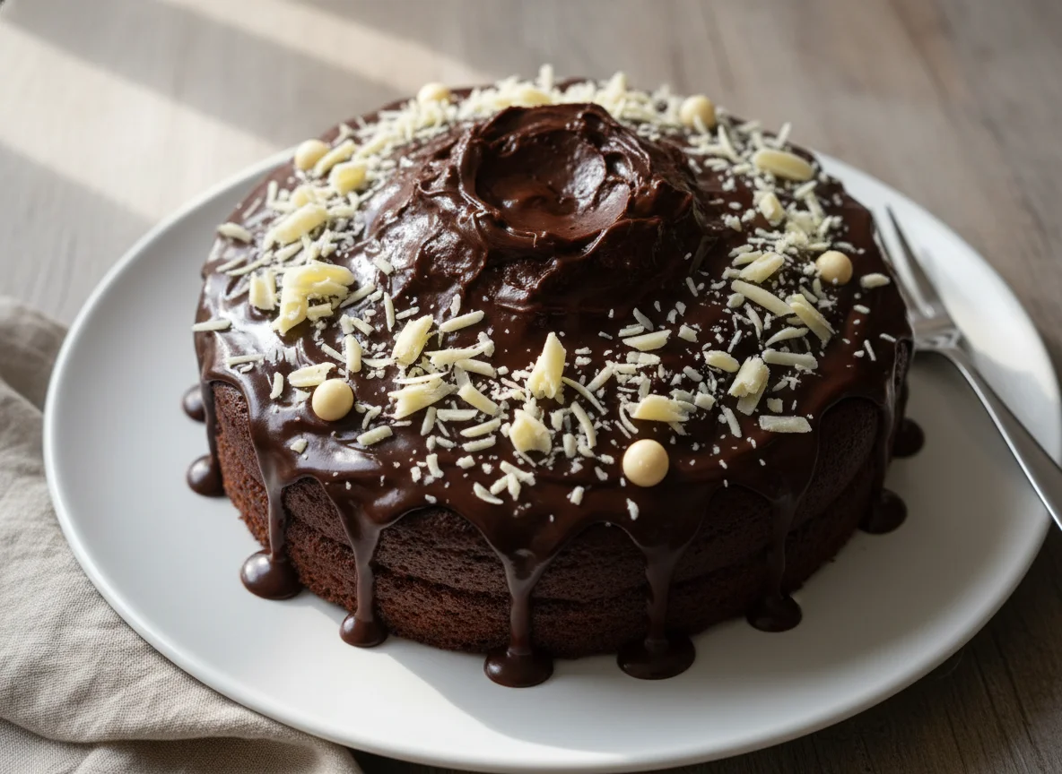 Bolo de chocolate com cobertura e chocolate branco photo
