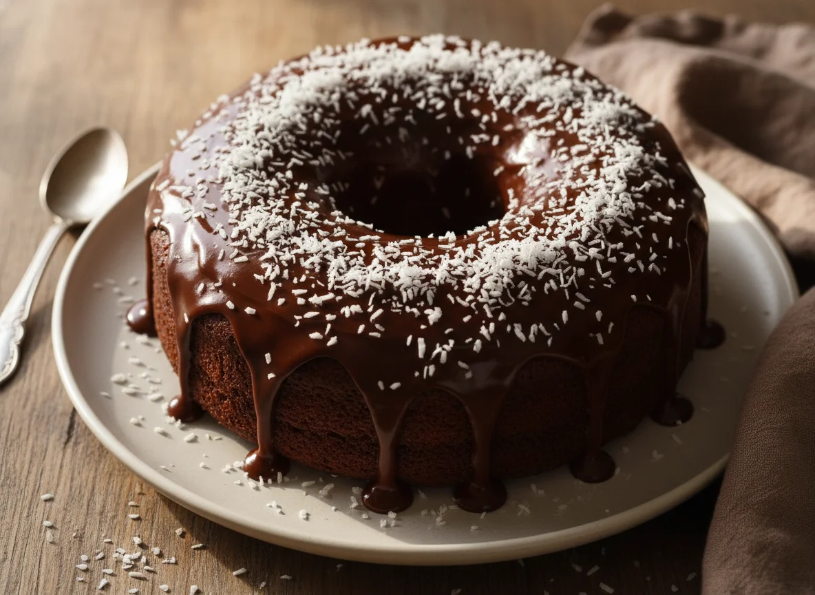 Bolo de chocolate com cobertura e coco ralado photo