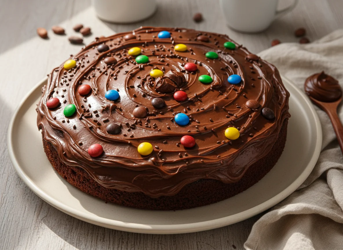 Bolo de chocolate com cobertura e confeitos photo