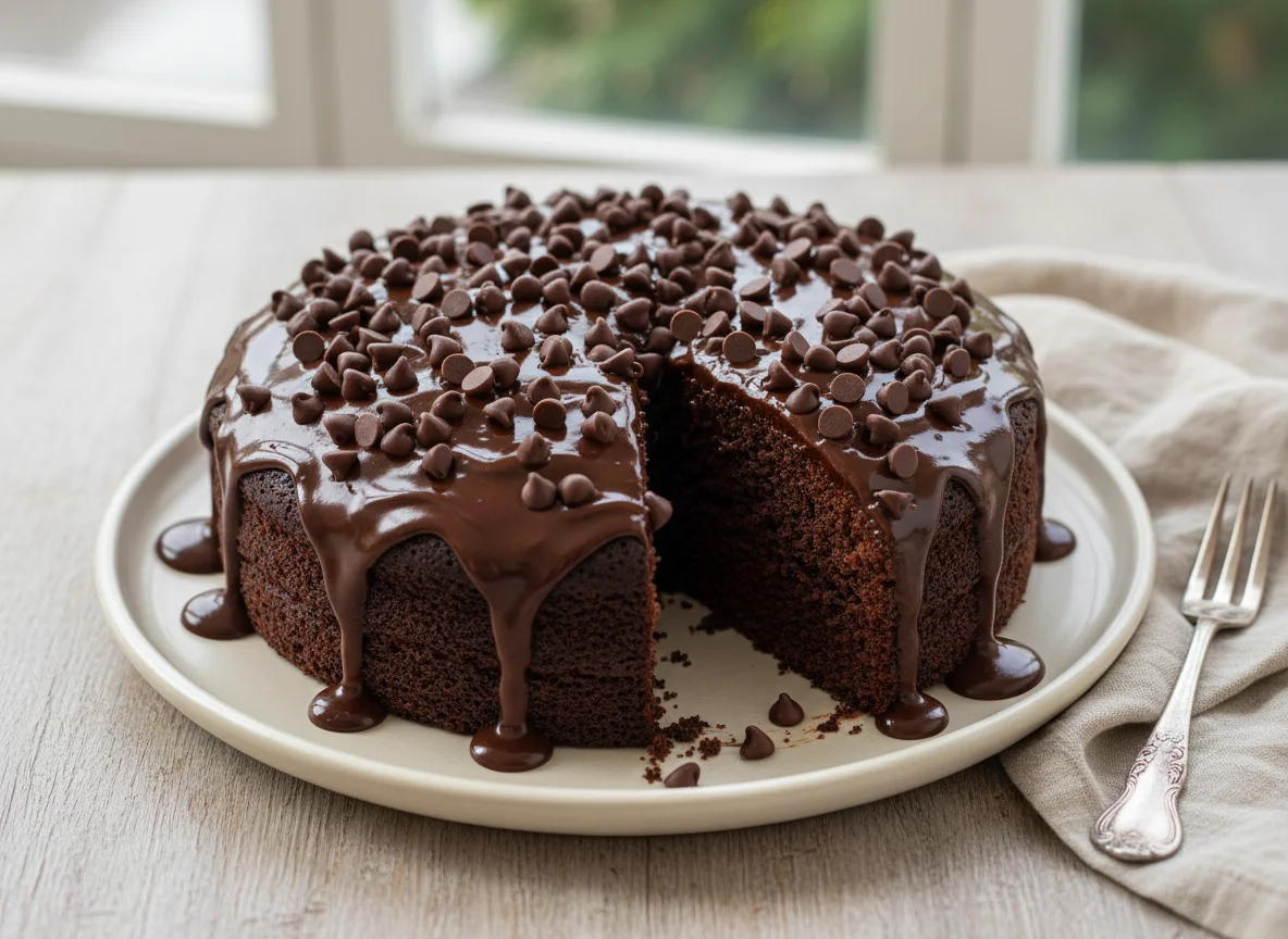 Bolo de chocolate com cobertura e gotas de chocolate photo