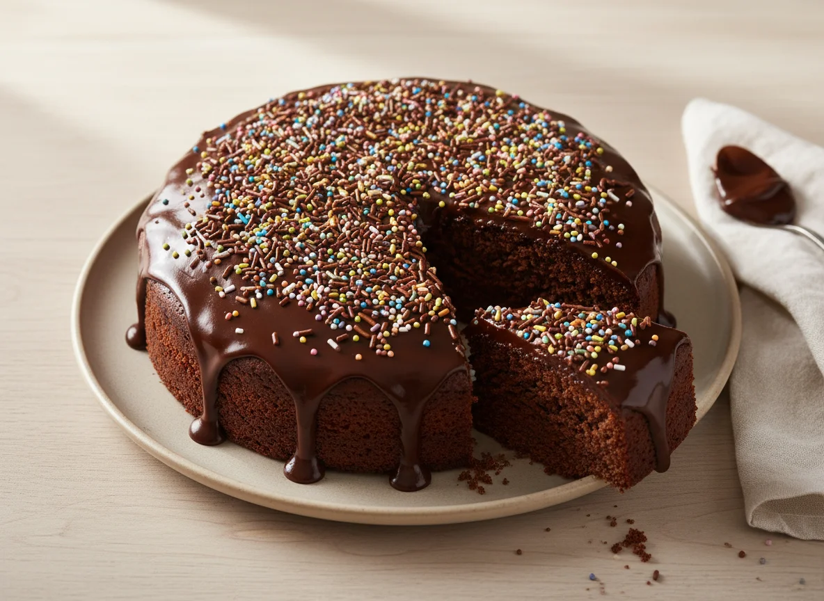 Bolo de chocolate com cobertura e granulado photo