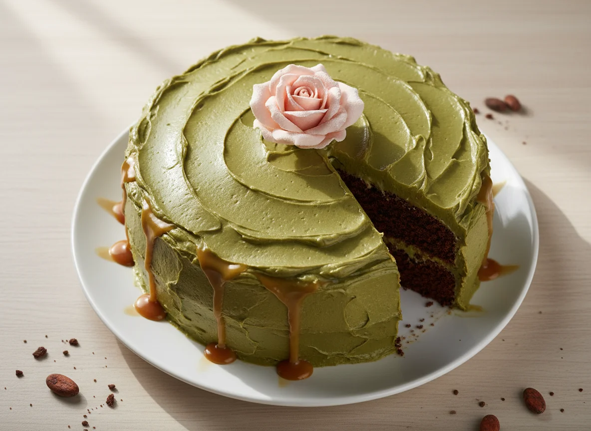 Bolo de chocolate com cobertura e rosa de açúcar photo