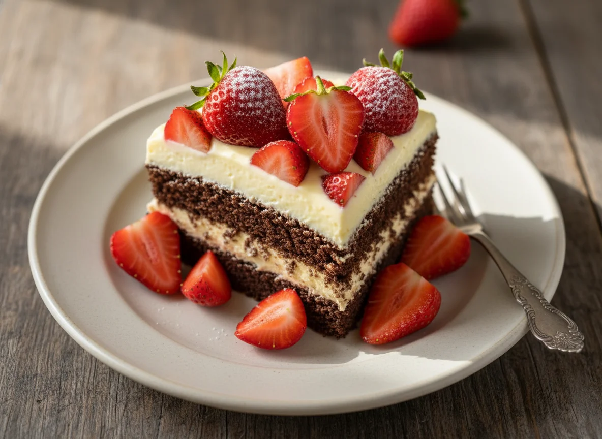 Bolo de chocolate com creme e morango photo