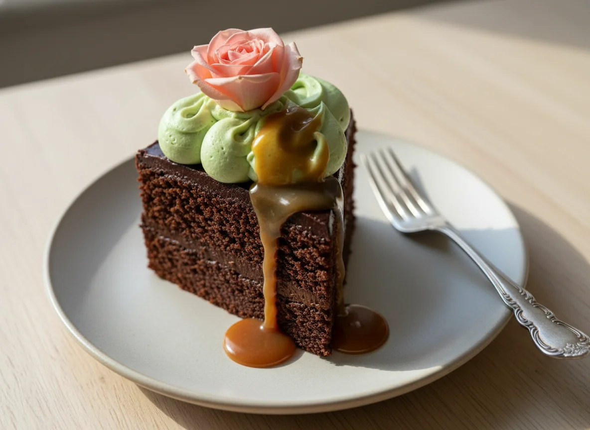 Bolo de chocolate com creme e rosa de açúcar photo