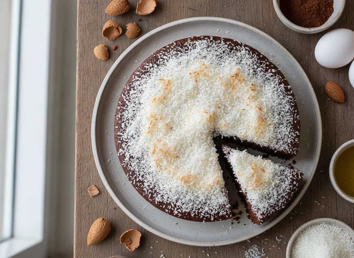 Bolo de chocolate com farinha de amêndoa e cobertura de coco photo