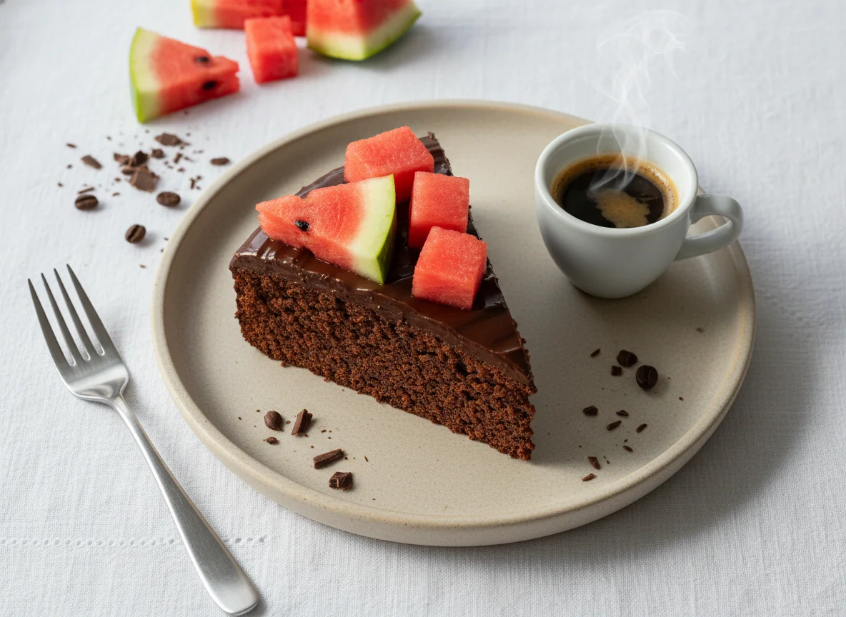 Bolo de chocolate com melancia e café photo