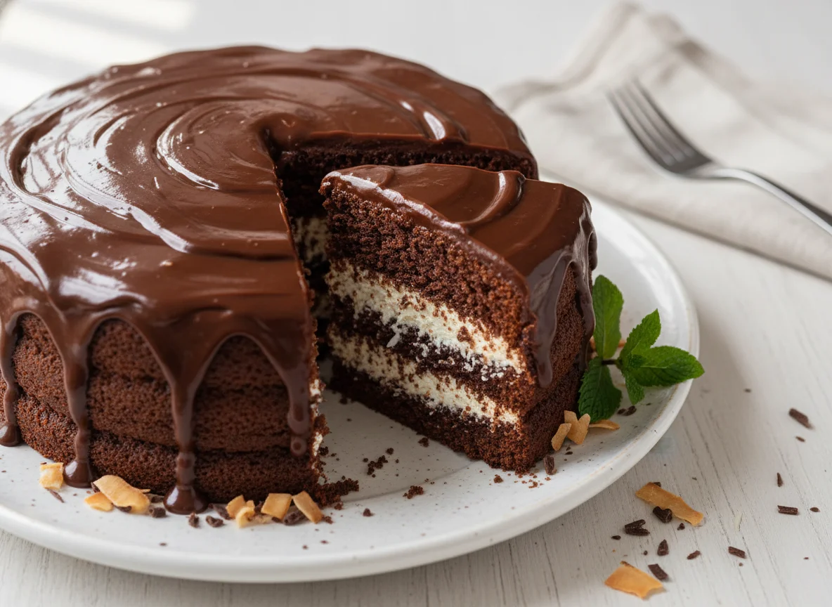 Bolo de chocolate com recheio de coco e cobertura de chocolate photo