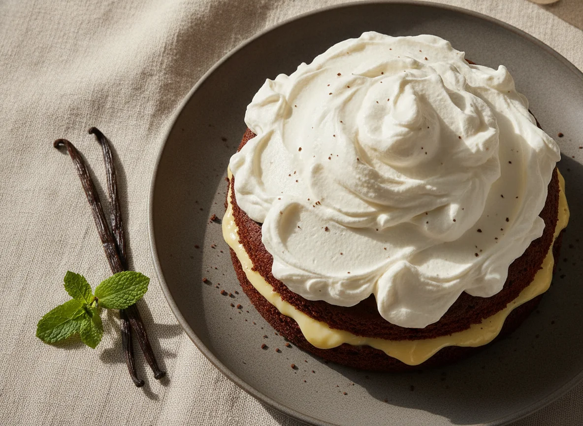 Bolo de chocolate com recheio de creme e cobertura de chantilly photo