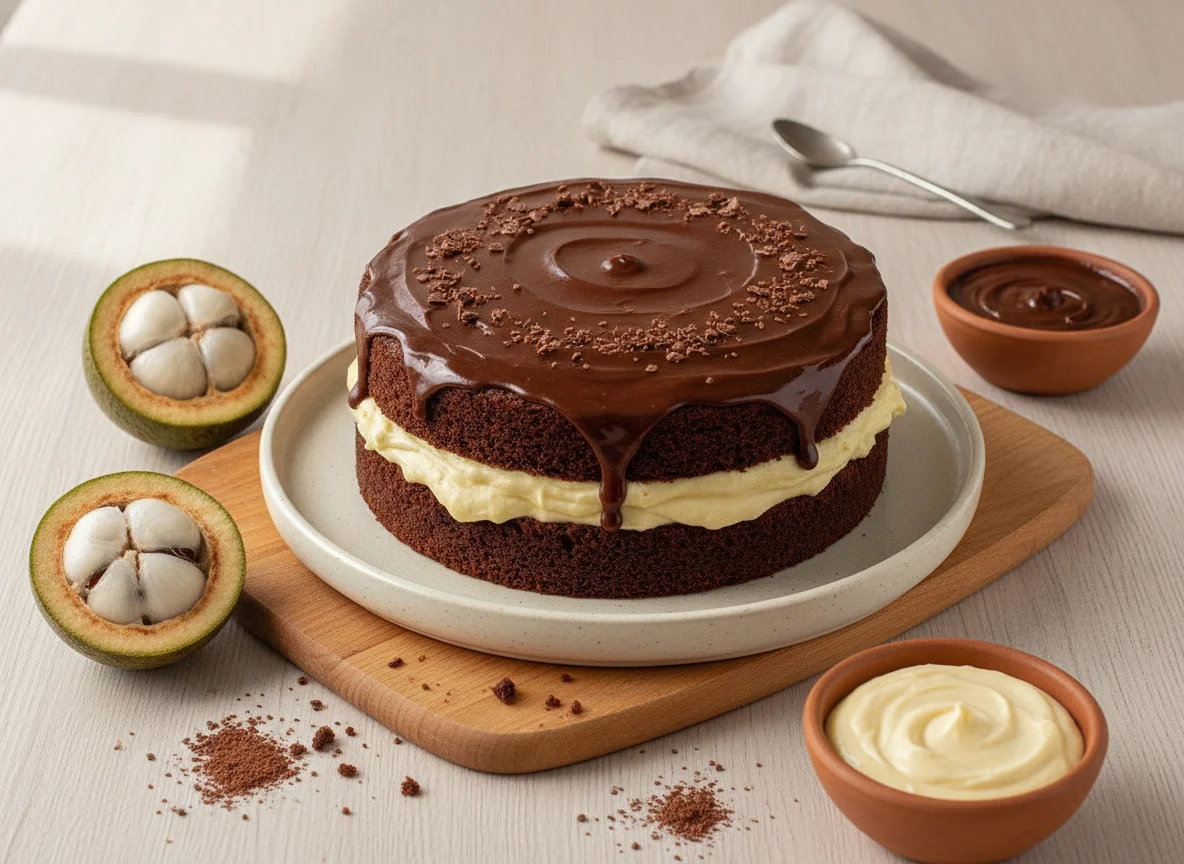 Bolo de chocolate com recheio de cupuaçu e brigadeiro photo