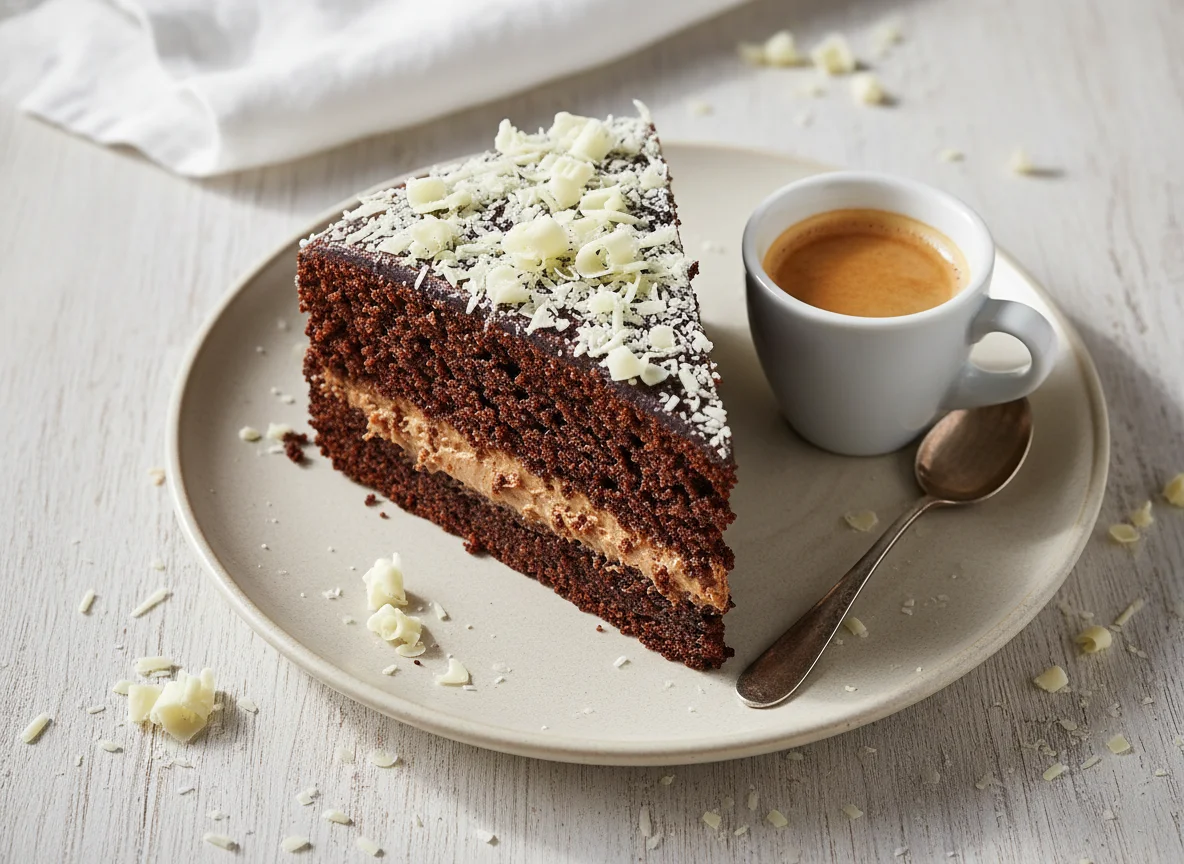 Bolo de chocolate com recheio e café expresso photo
