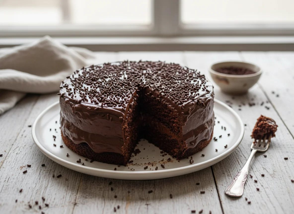 Bolo de chocolate com recheio e cobertura photo