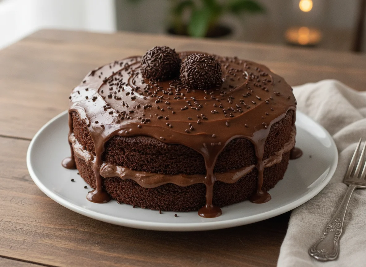 Bolo de chocolate com recheio e cobertura de brigadeiro photo