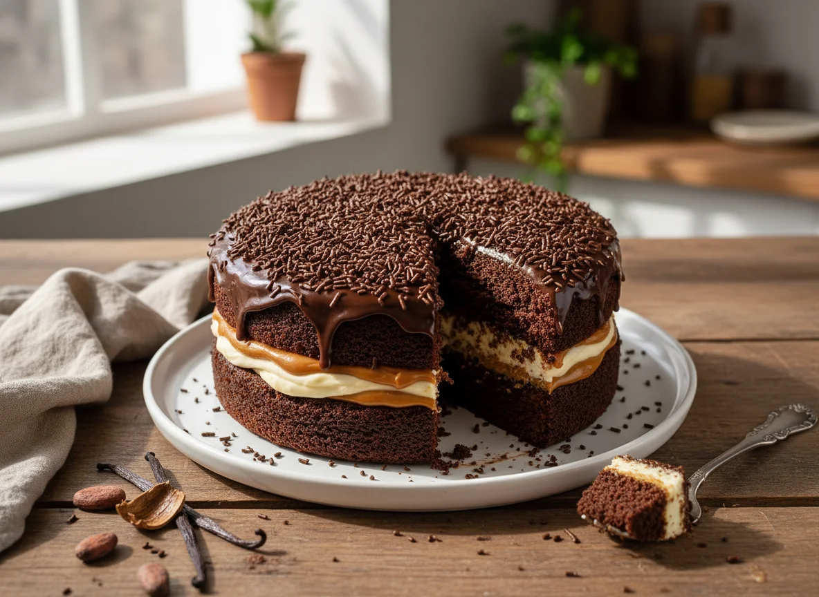 Bolo de chocolate com recheio e granulado photo