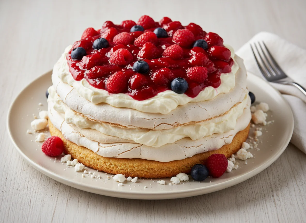 Bolo de merengue com creme e frutos vermelhos photo