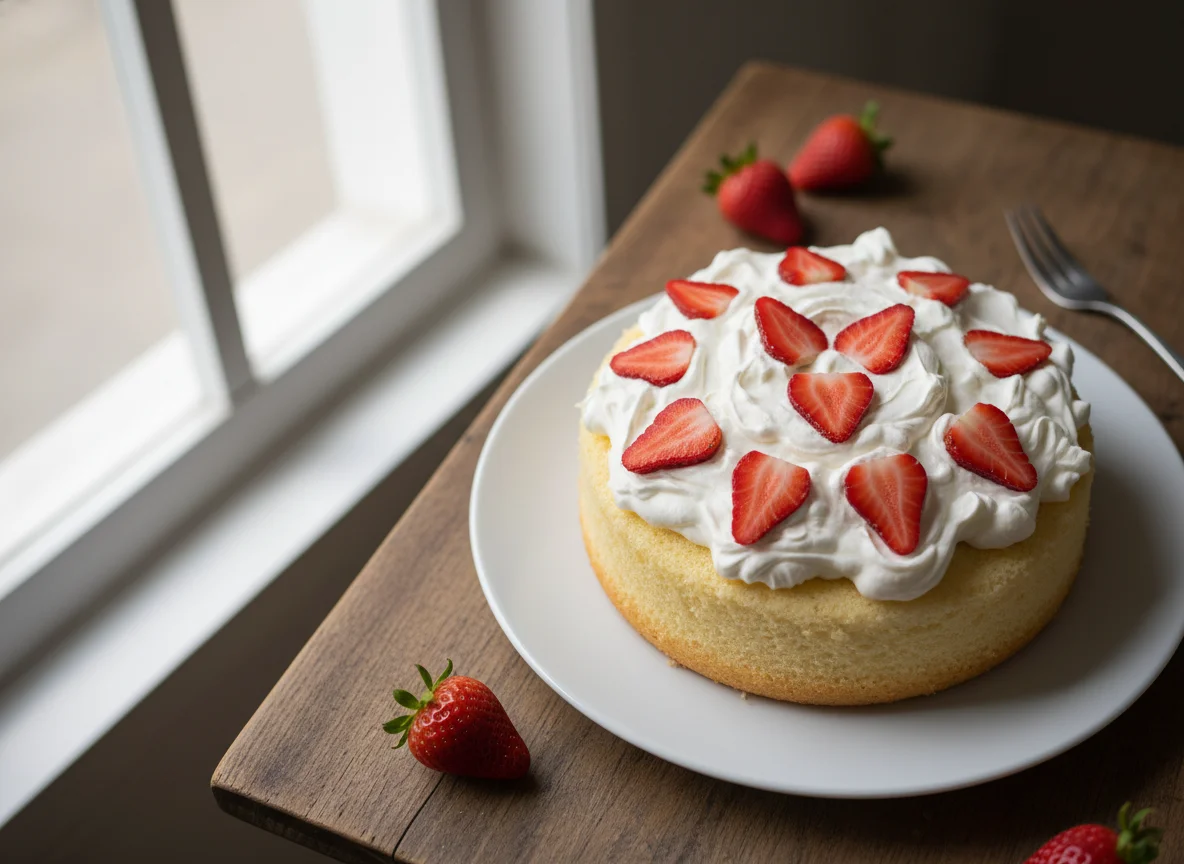 Bolo de pão de ló com chantili e morango photo