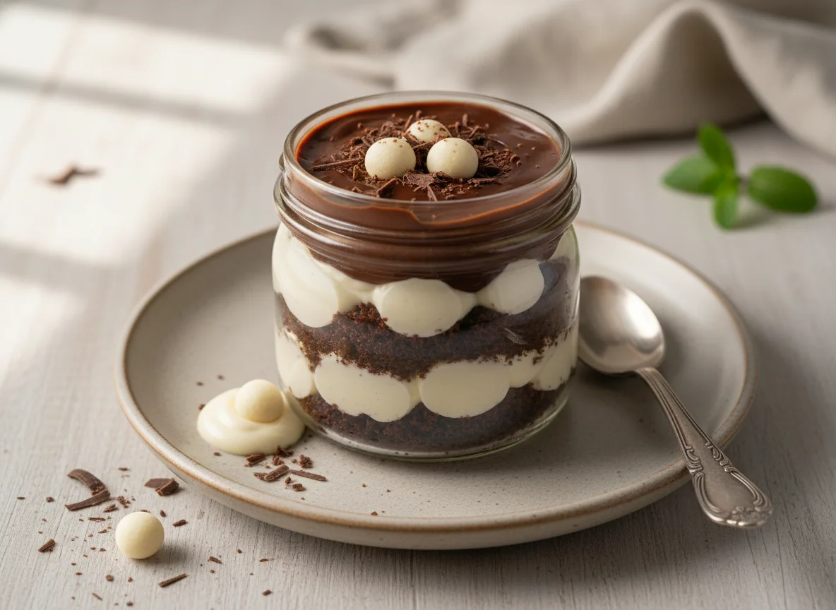 Bolo de pote de chocolate com recheio de brigadeiro branco photo