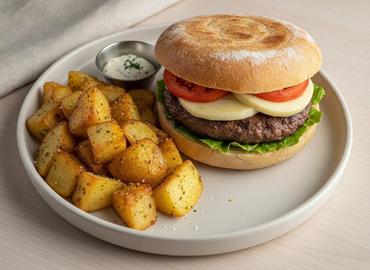 Bolo do Caco com Hambúrguer e Batatas Rústicas photo