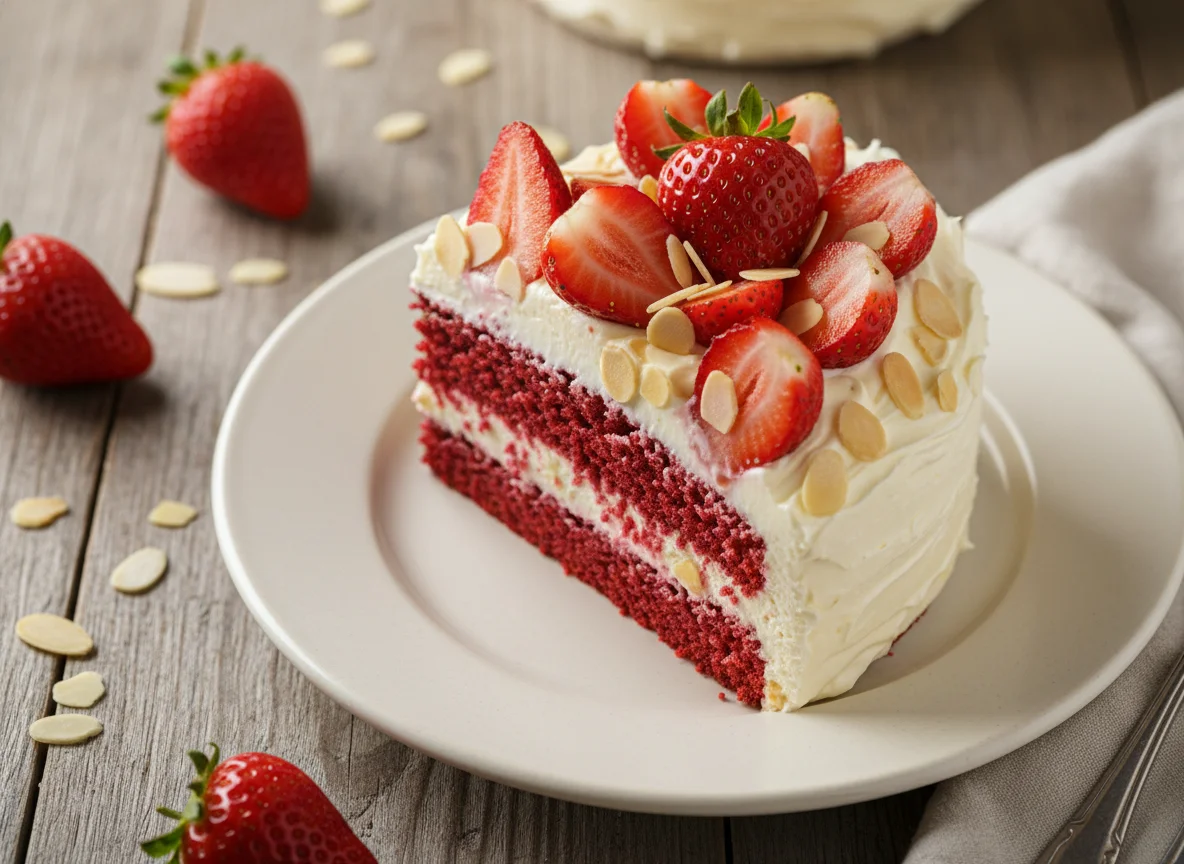 Bolo Red Velvet com Cobertura e Morangos photo