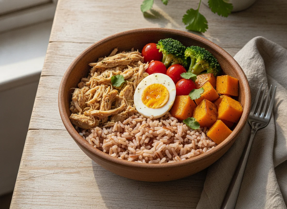 Bowl de Arroz Integral com Frango, Ovo e Vegetais photo