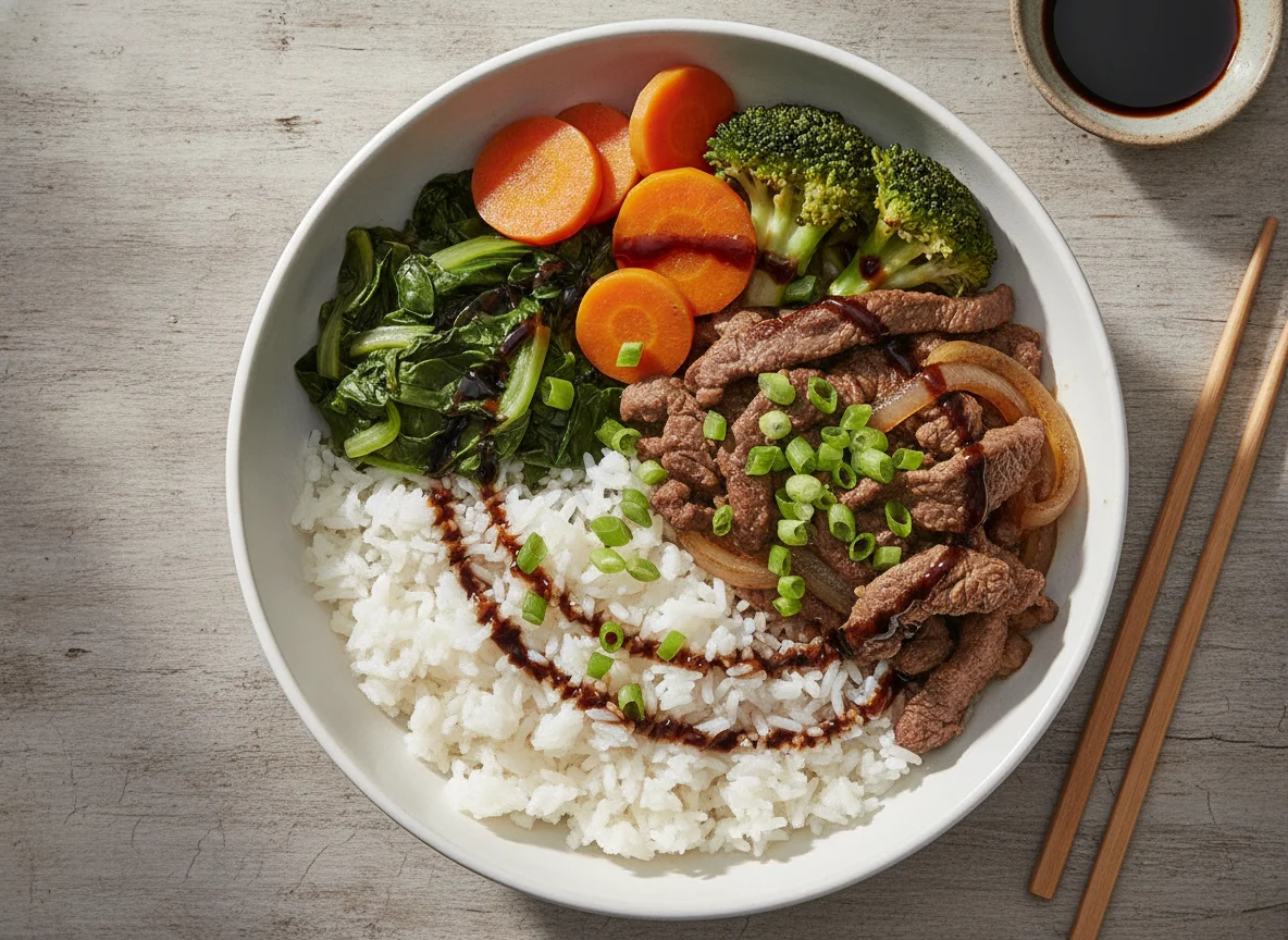 Bowl de Carne com Legumes e Arroz photo