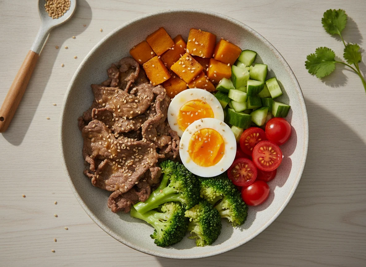 Bowl de Carne com Legumes e Ovo photo