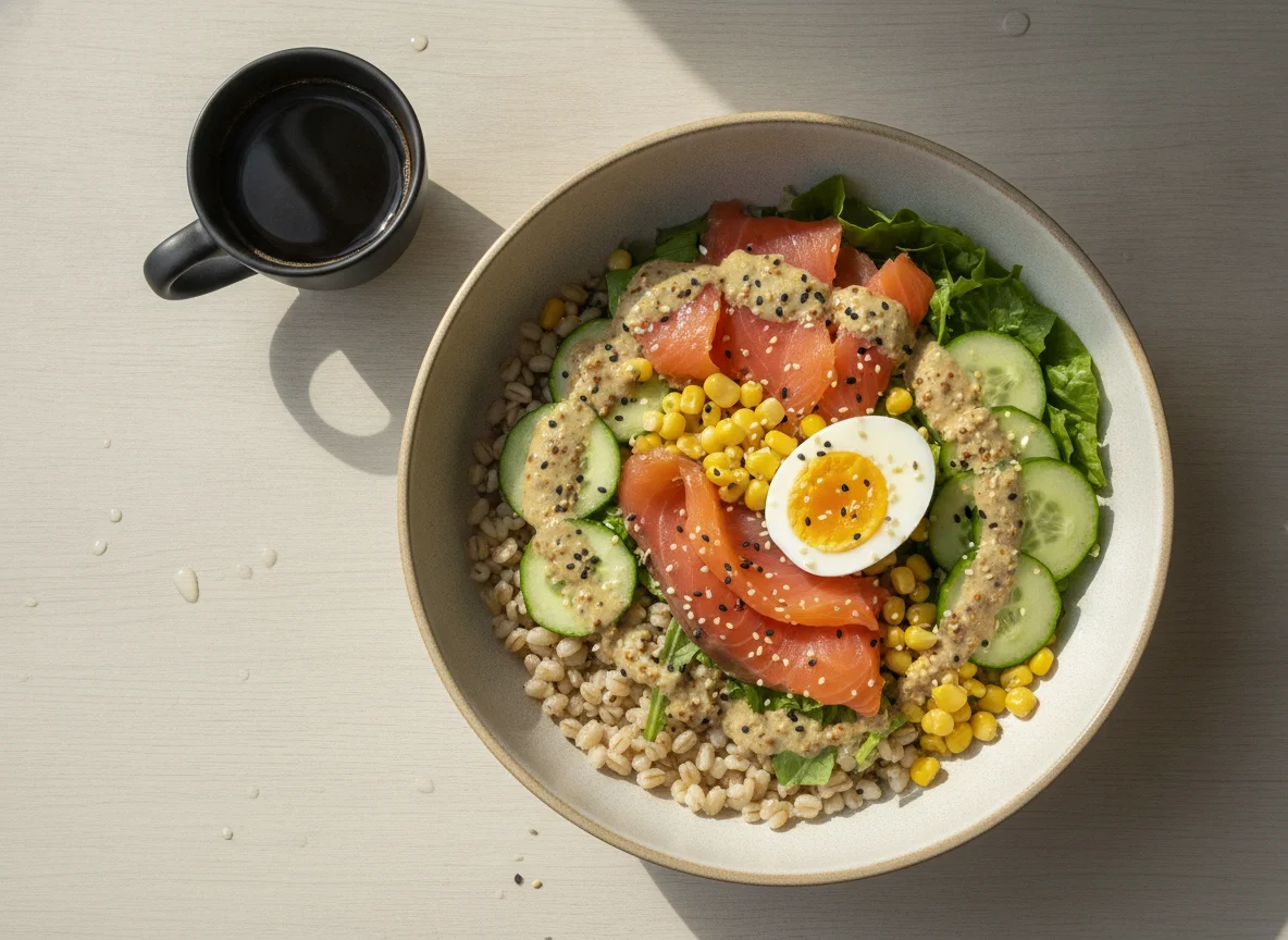 Bowl de Cevada com Ovo e Salmão photo