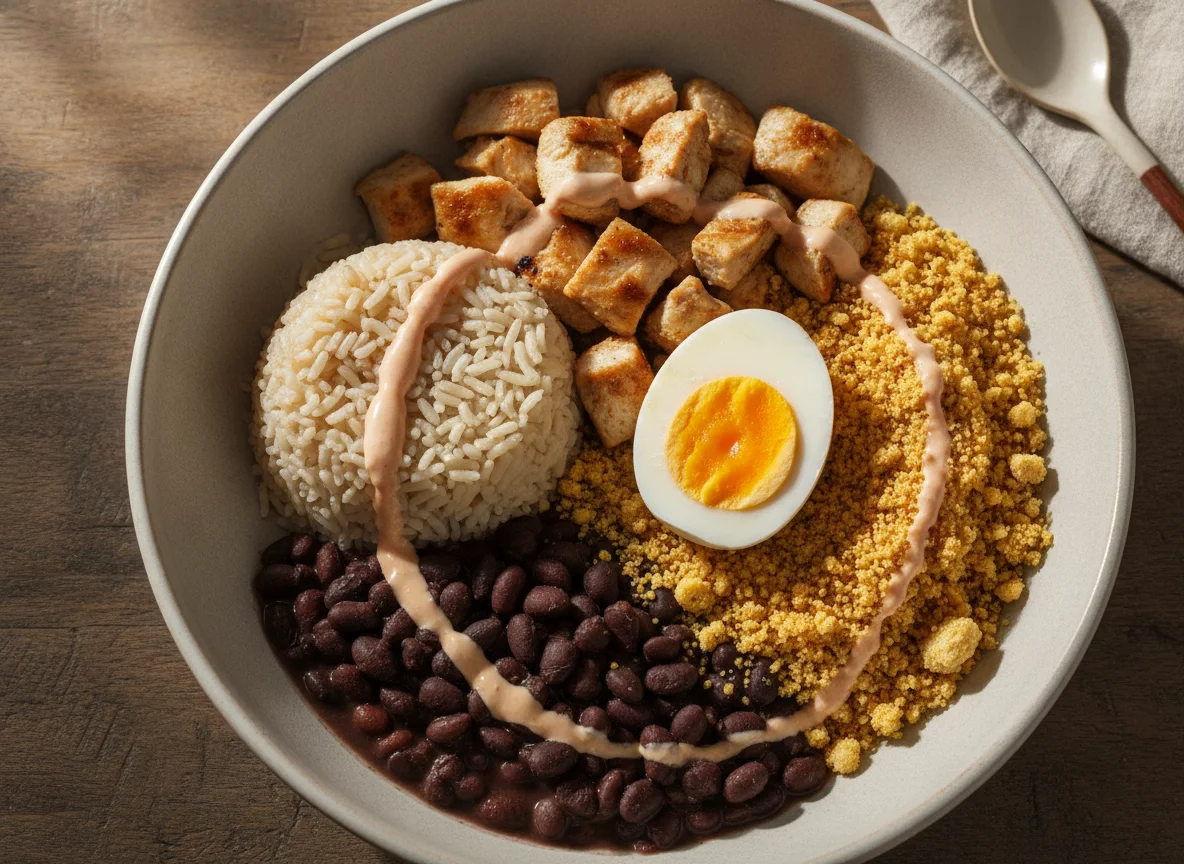 Bowl de Frango com Arroz, Feijão, Farofa e Ovo photo