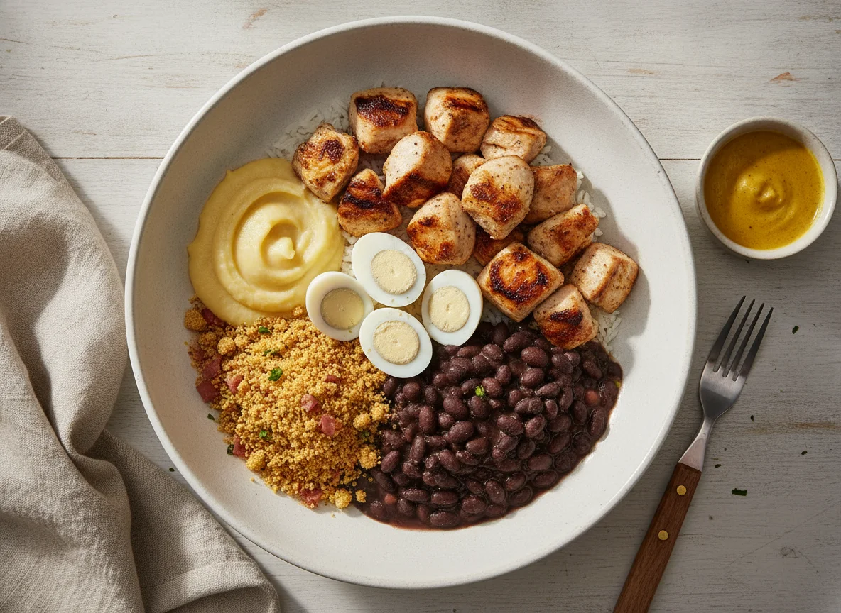 Bowl de Frango com Ovos de Codorna e Acompanhamentos photo