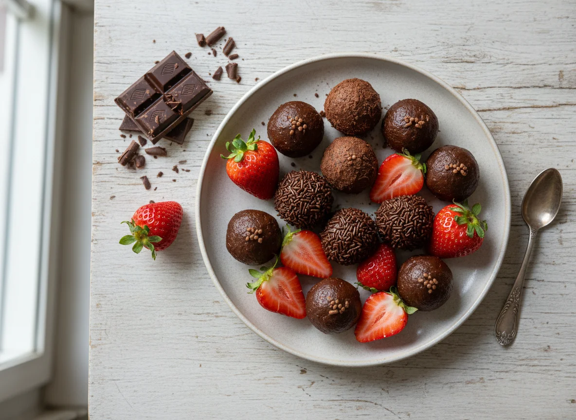 Brigadeiro de chocolate com morangos photo
