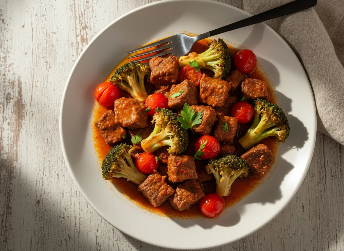 Brócolis com Carne e Tomate Cereja photo