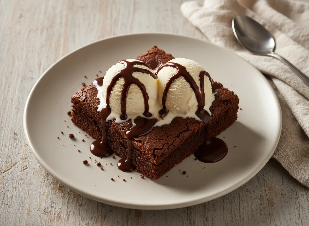 Brownie com Sorvete de Creme e Calda de Chocolate photo