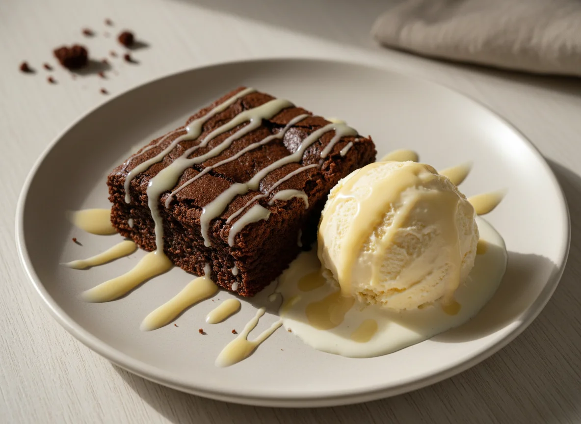 Brownie com sorvete e calda photo