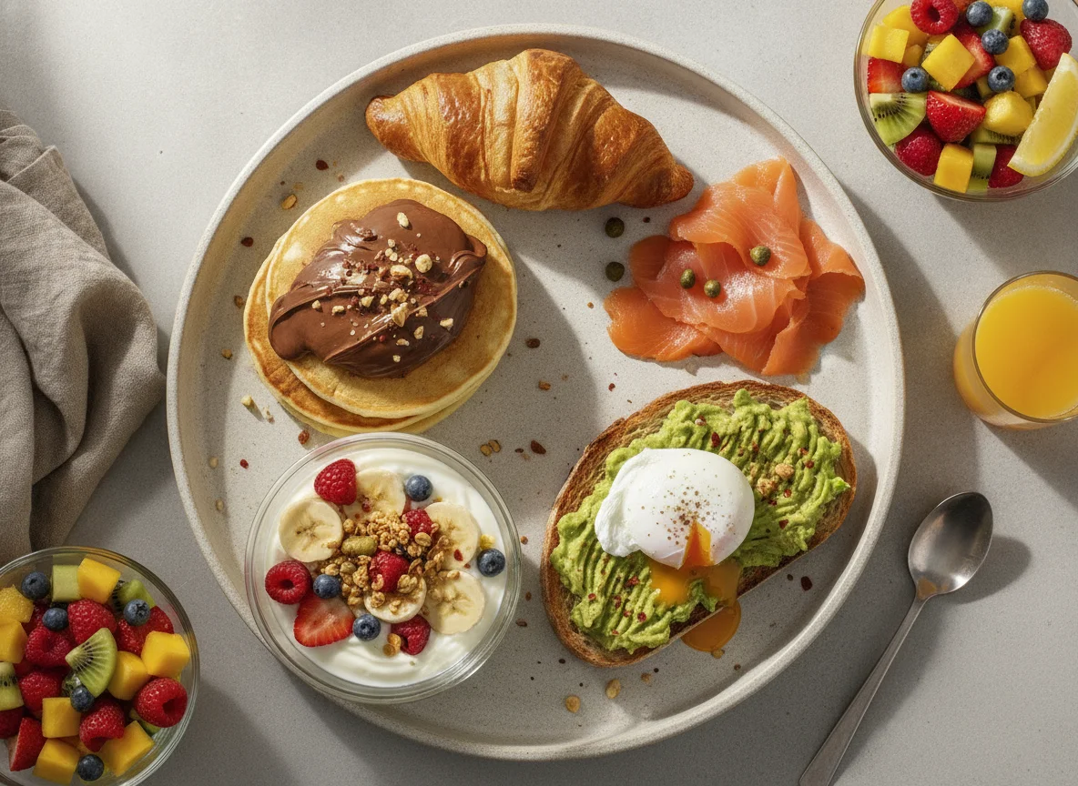 Brunch variado com panquecas, croissant, salmão e abacate photo