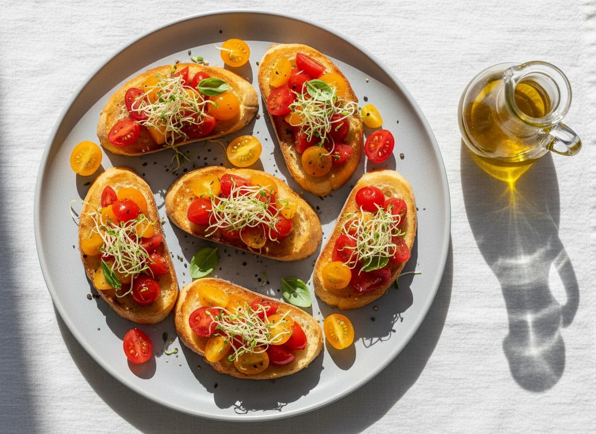 Bruschetta de Brioche com Tomate e Brotos photo