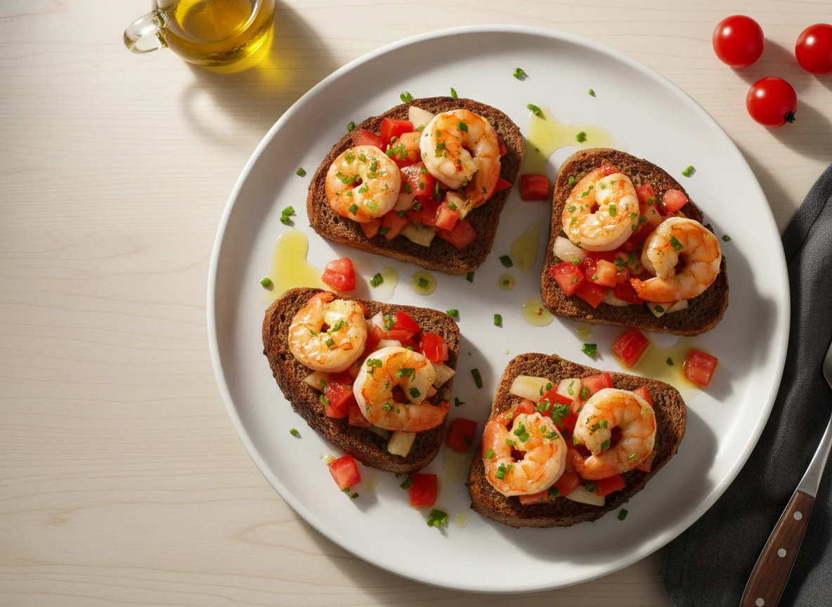 Bruschetta de Camarão com Pão Escuro photo