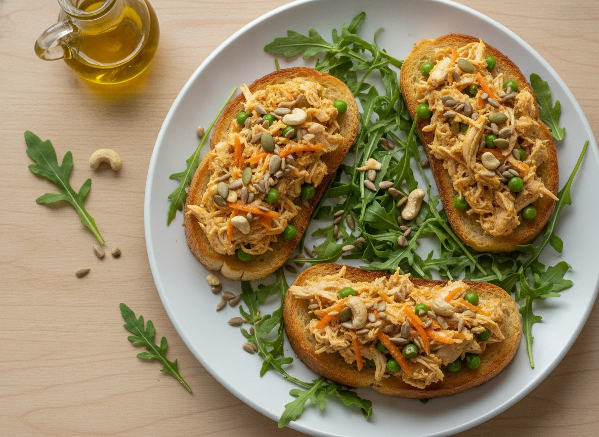 Bruschetta de frango desfiado com salada de rúcula photo