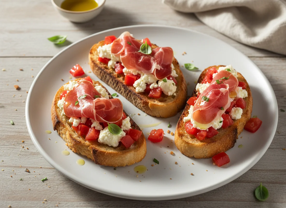Bruschetta de pão de fermentação natural com queijo, tomate e presunto cru photo