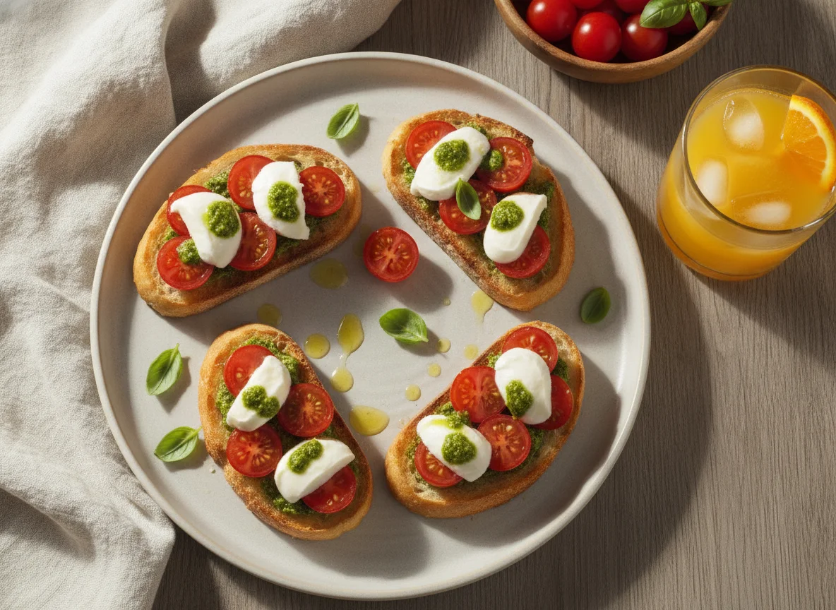 Bruschetta de Tomate Cereja e Muçarela de Búfala com Suco de Laranja photo