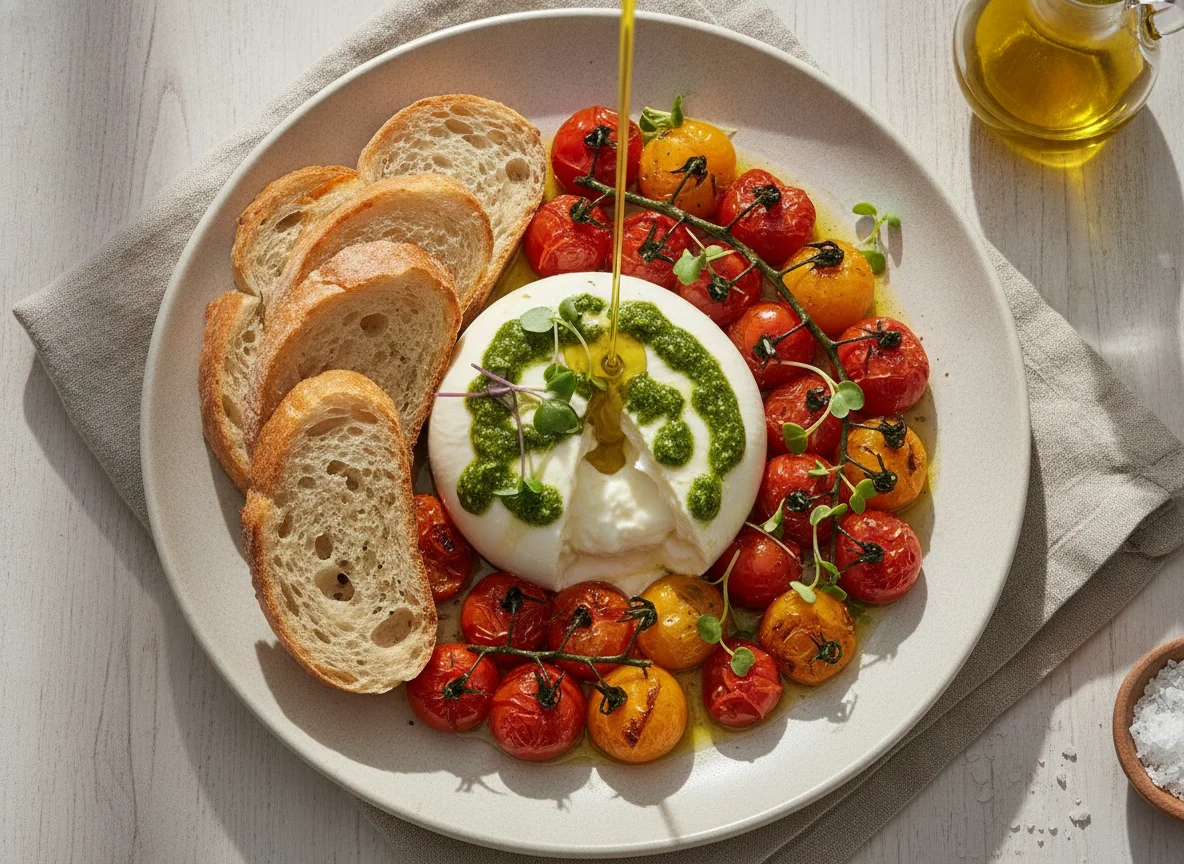 Burrata com Tomates Assados e Pão Italiano photo