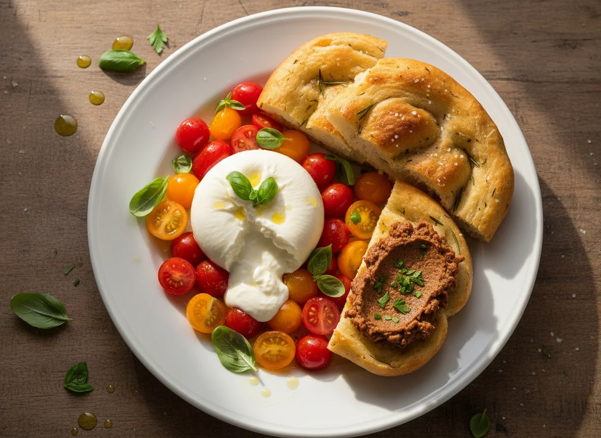Burrata com Tomates e Focaccia com Patê photo