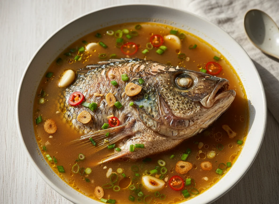Cabeça de peixe em caldo photo