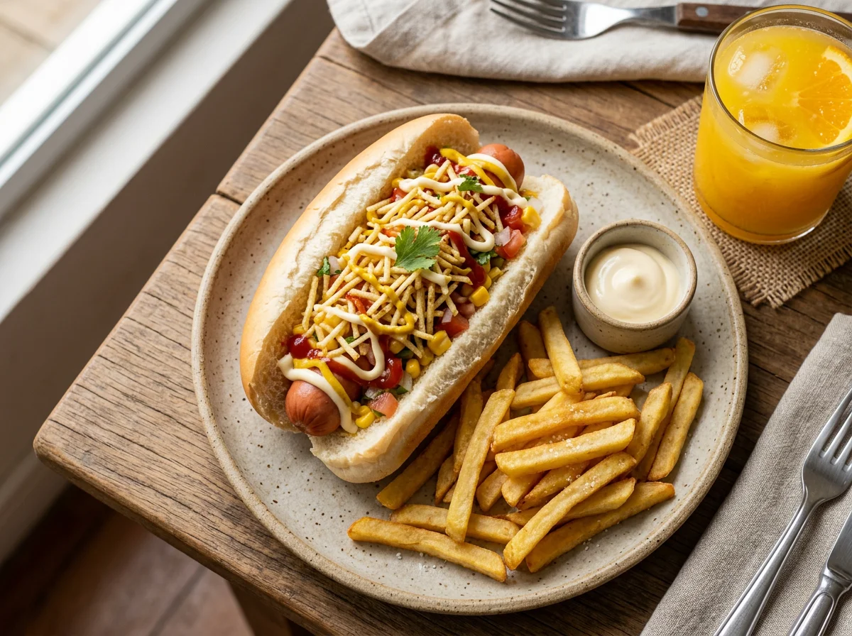 Cachorro-quente com batata frita e suco de laranja photo