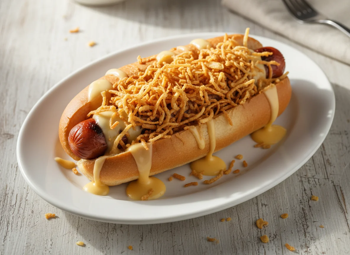 Cachorro-quente com cebola crocante photo