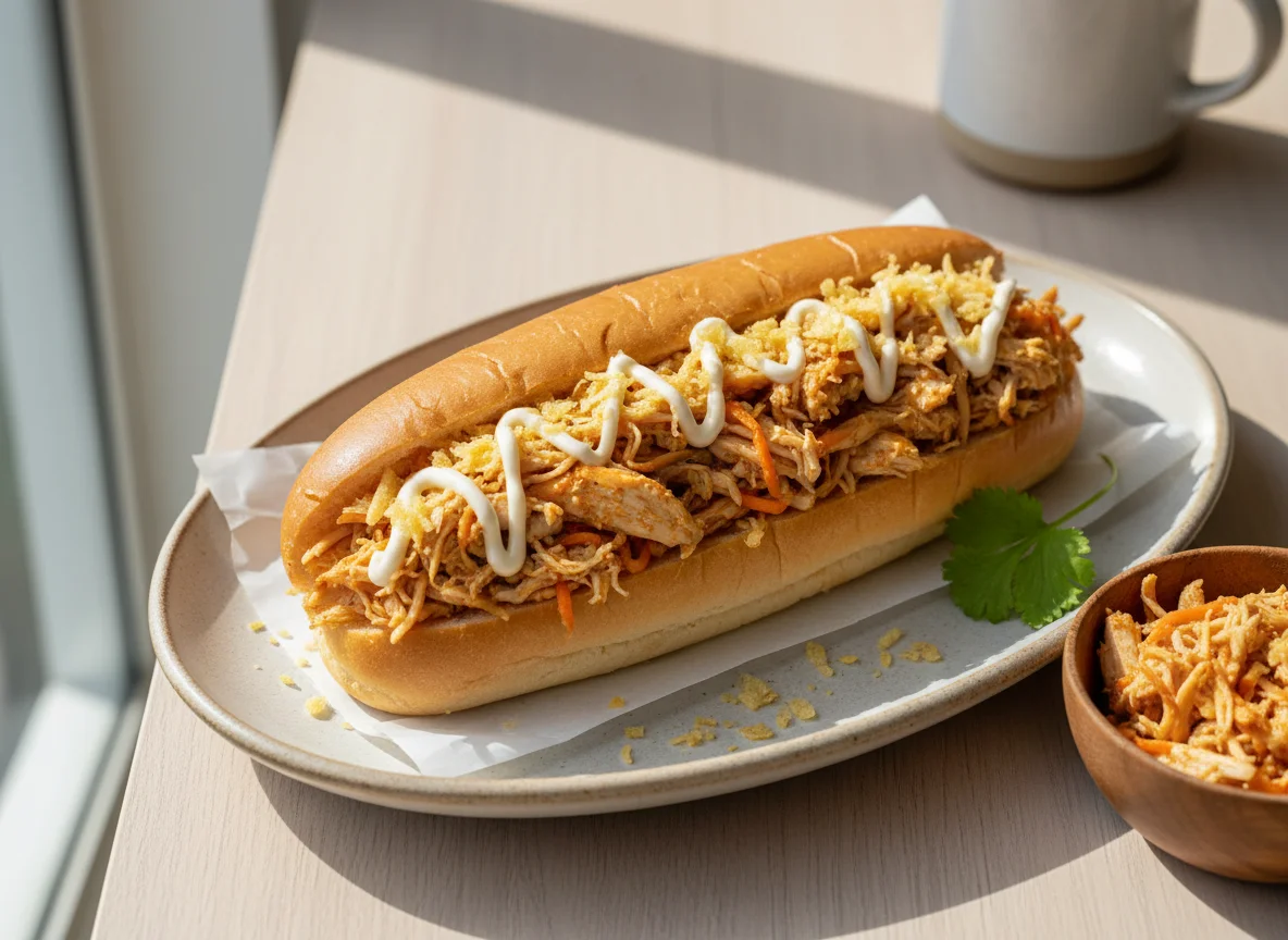 Cachorro-quente com recheio de frango desfiado photo