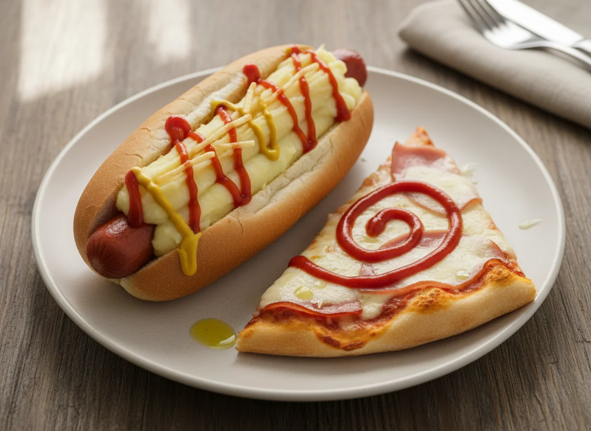 Cachorro-quente e fatia de pizza photo