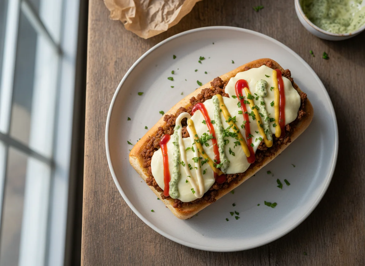 Cachorro-quente prensado com carne moída e molhos photo