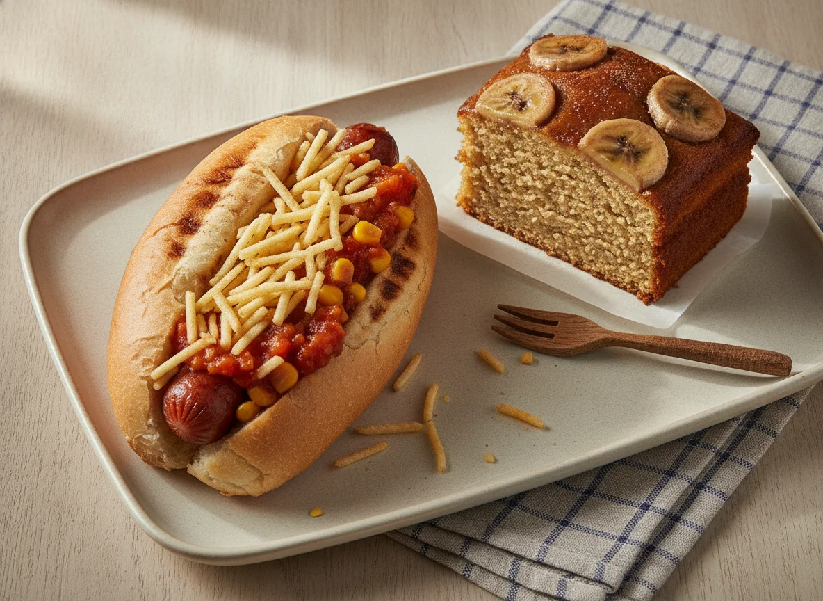 Cachorro-quente prensado e bolo de banana photo